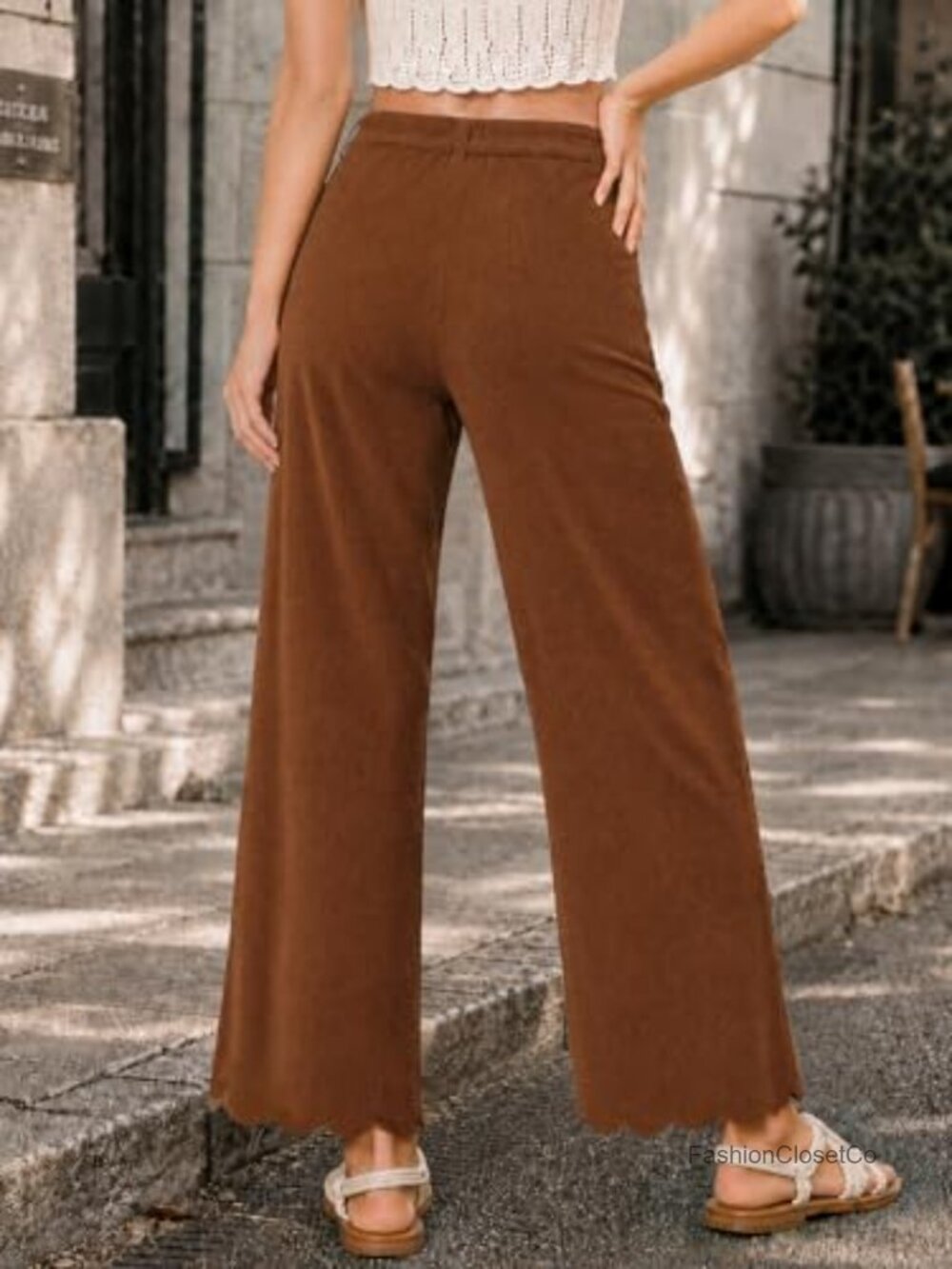 Corduroy Wide Leg Pants with Pockets High Waist Scalloped Hem - Picture 3 of 6
